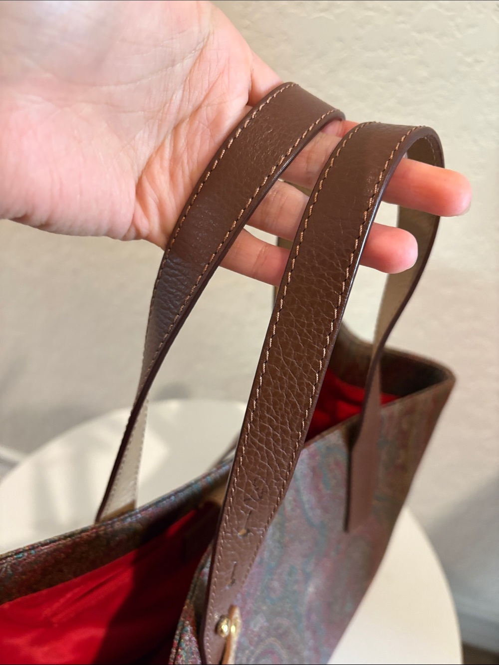 Etro Paisley Pattern Brown Leather-Trim Tote Bag - Picture 13 of 14